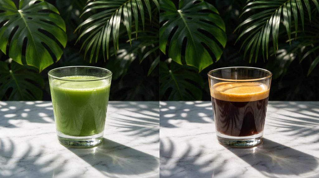 Vivid green matcha and dark espresso side by side for comparison