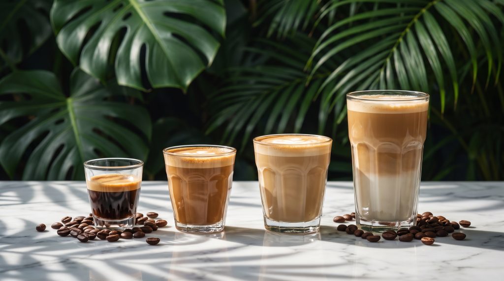 Espresso, cortado, flat white and latte in a row in increasing size