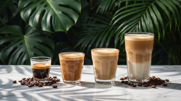 Espresso, cortado, flat white and latte in a row in increasing size