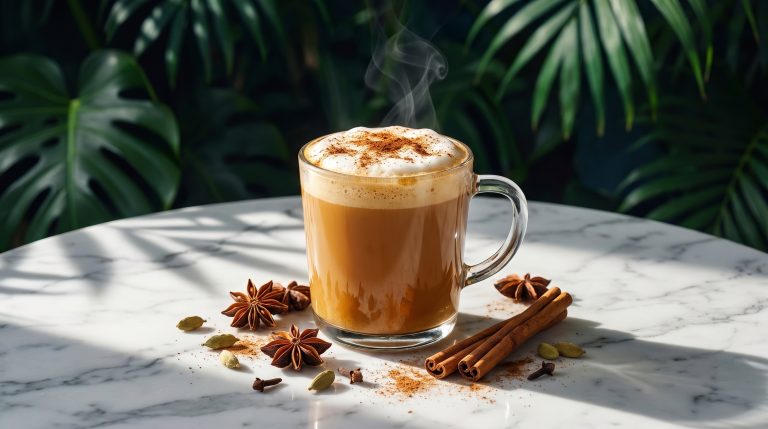 Chai latte with foamy milk, cinnamon dust, star anise and cardamom pods