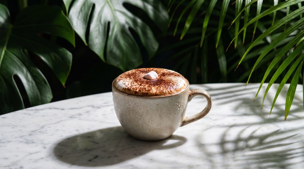 Small cup of babychino with thick foam, chocolate dust and a marshmallow