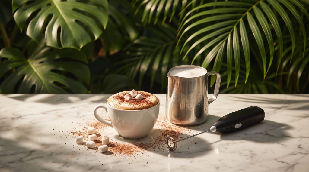 Babychino beside a milk jug, handheld frother and marshmallows