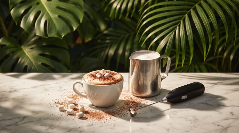 Babychino beside a milk jug, handheld frother and marshmallows
