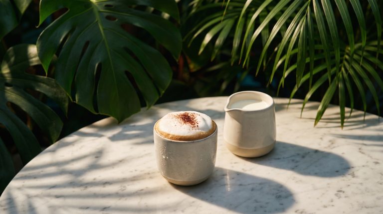 Small cup of babychino with a soft foam cap and a jug of milk