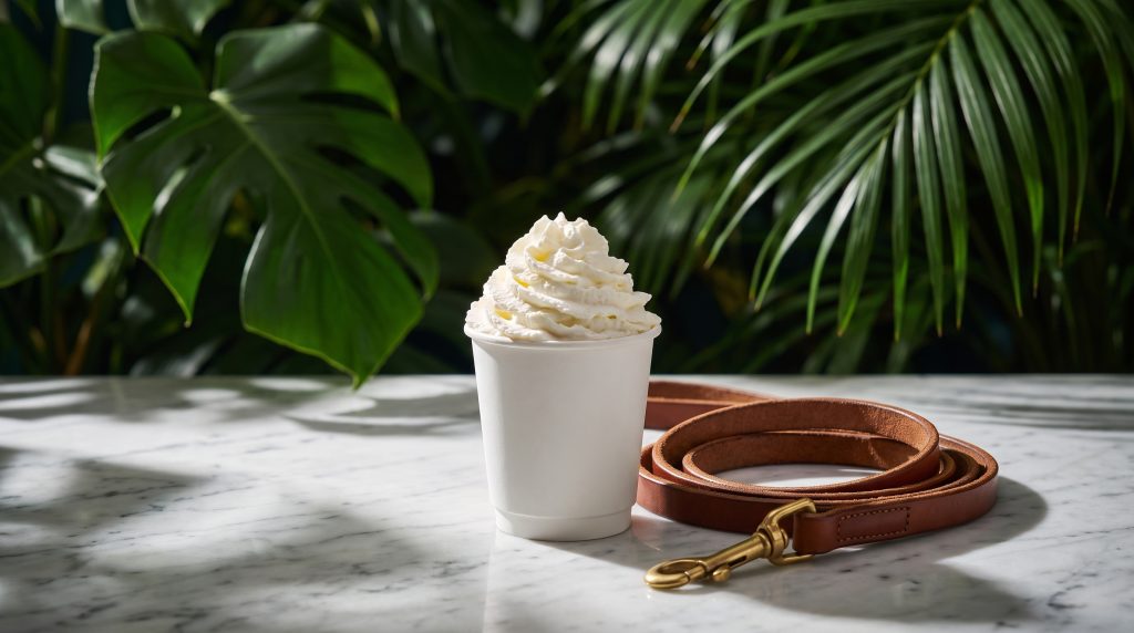 Paper cup of whipped cream puppuccino beside a coiled dog lead