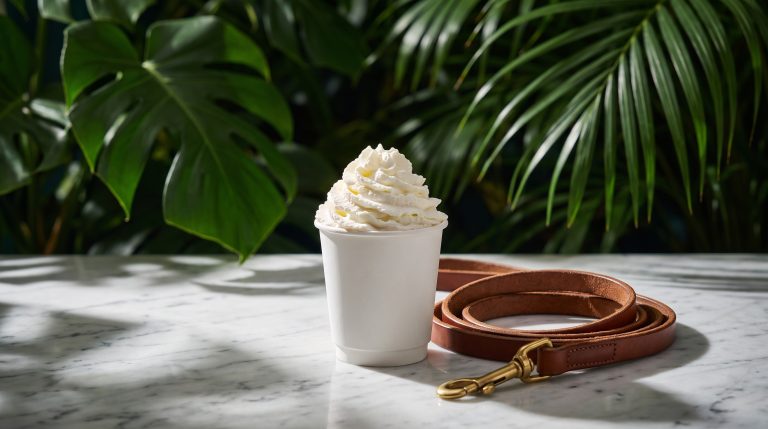 Paper cup of whipped cream puppuccino beside a coiled dog lead