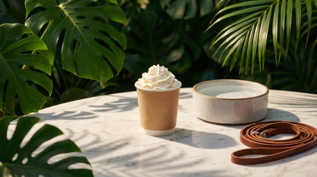 Puppuccino in a paper cup beside a dog bowl and coiled lead