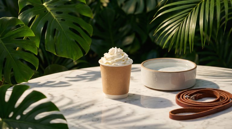 Puppuccino in a paper cup beside a dog bowl and coiled lead