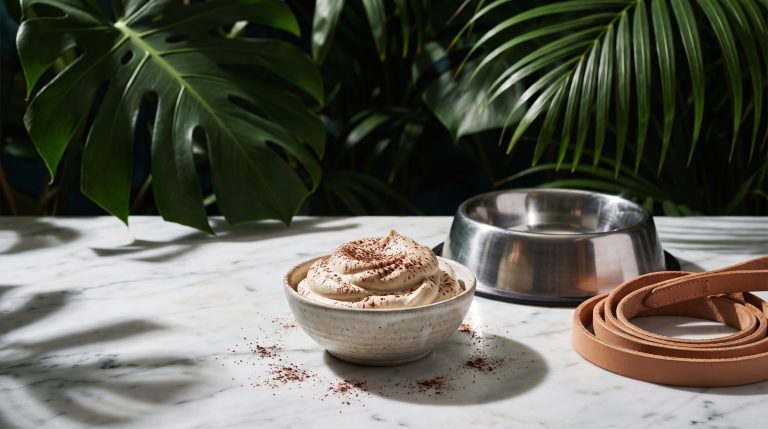 Bowl of carob dog-safe whipped topping with a dog bowl and lead