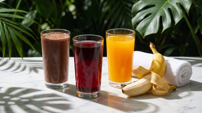 Chocolate protein shake, tart cherry juice and an electrolyte drink