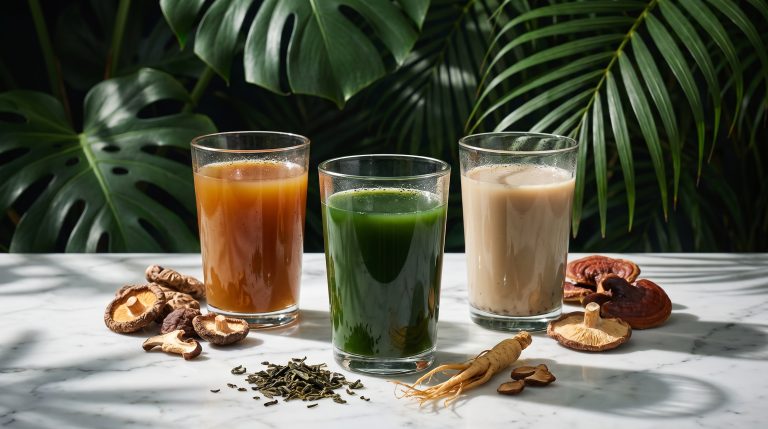 Three functional drinks with dried mushrooms, ginseng root and tea leaves