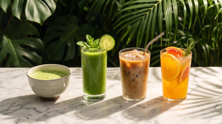 Matcha, green smoothie, iced coffee and a citrus drink in a row