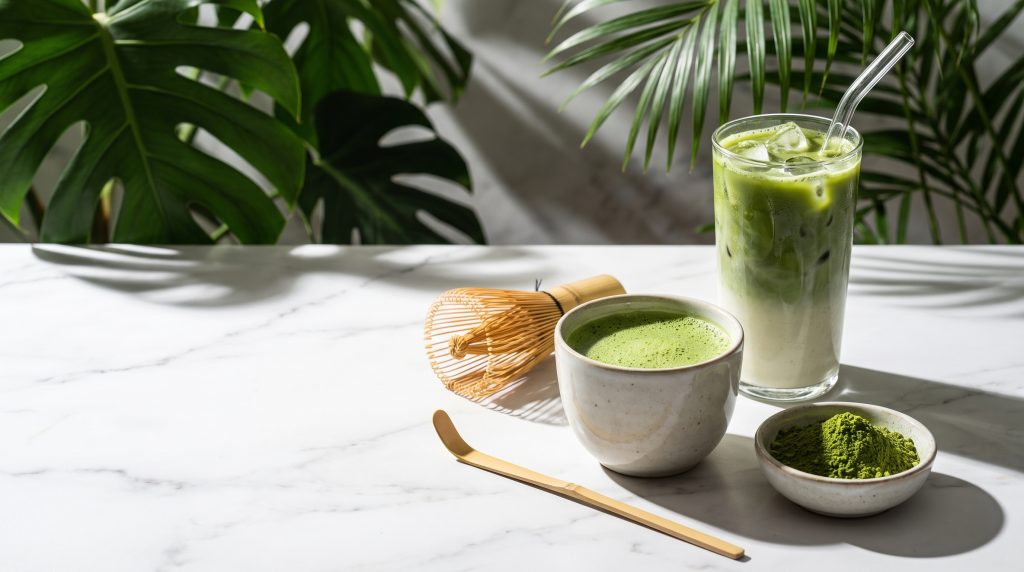 Whisked matcha, a bowl of matcha powder, bamboo whisk and an iced matcha latte