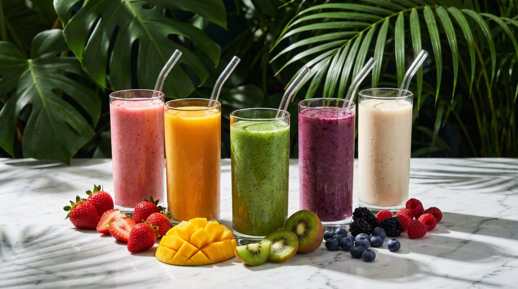 Five colourful smoothies in a row with fresh fruit scattered on marble
