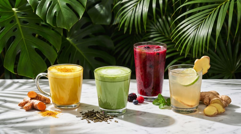 Turmeric latte, matcha, berry blend and kombucha with fresh roots and tea leaves
