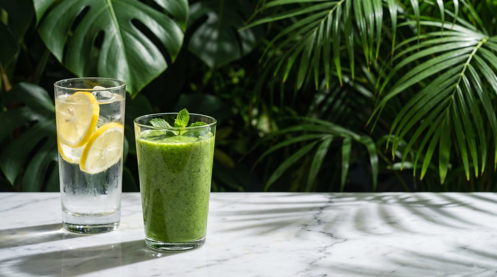 A glass of lemon water and a green smoothie on a marble surface