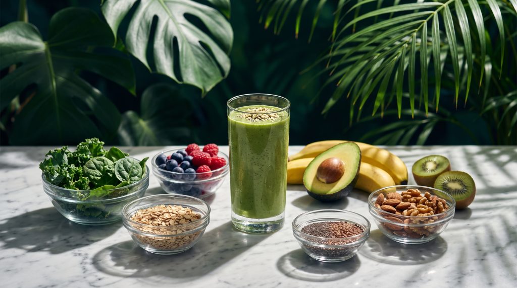 Fresh fruit, greens, oats, nuts and seeds in bowls around a glass of smoothie
