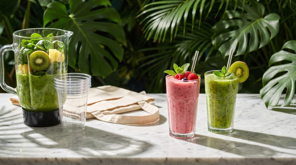 A blender jug, stacked cups, apron and two finished smoothies on a counter
