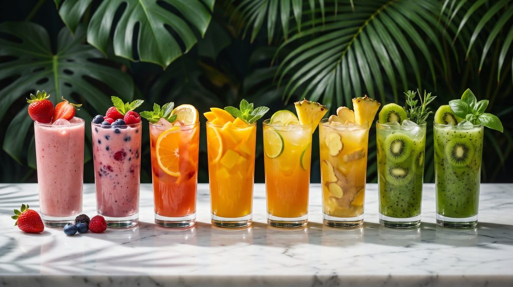 A long row of eight smoothies and mocktails in graduated colours for catering