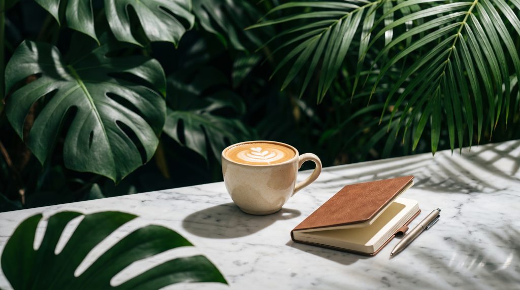 A flat white in a ceramic cup beside a notebook and pen