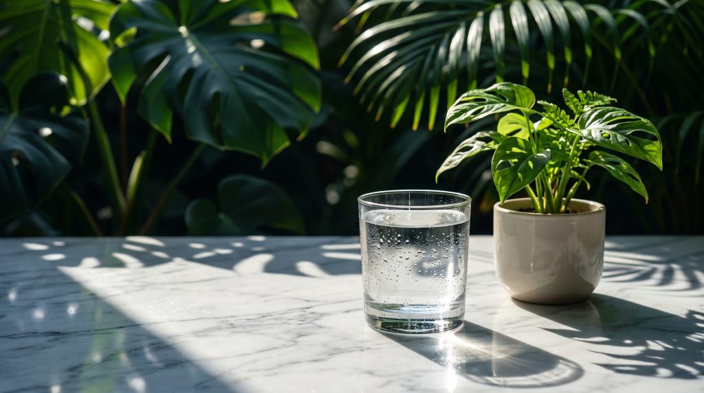 A glass of water and a small green plant on a marble surface