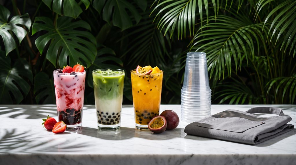 Three signature Framberry drinks beside stacked cups and a folded apron