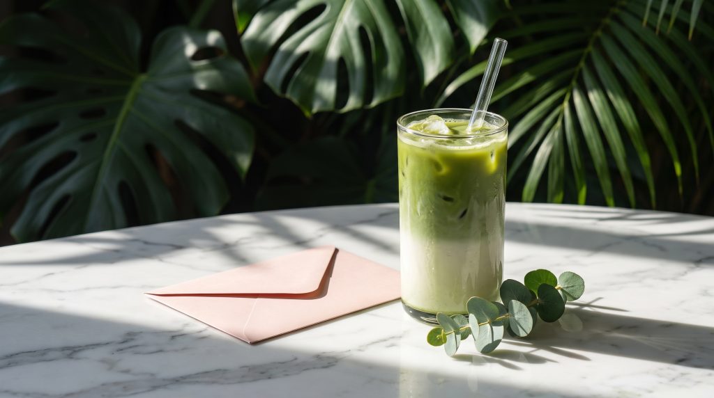 A blank gift card envelope beside a matcha latte and a sprig of eucalyptus