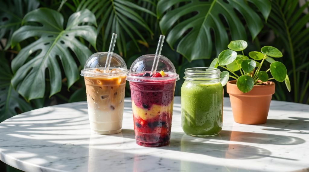 Two takeaway cups and a smoothie on a sunlit marble table with a plant