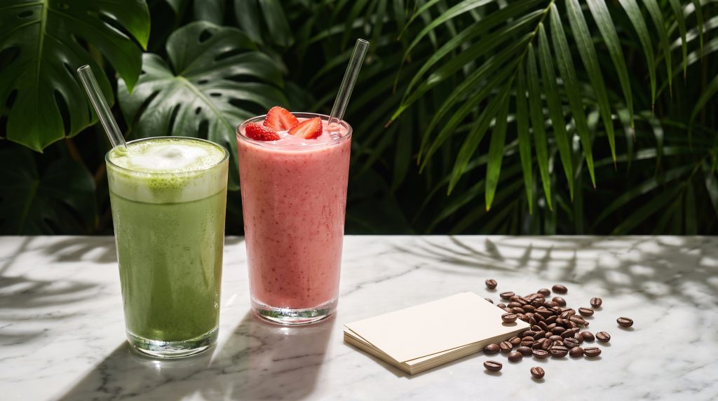 A matcha latte and a pink smoothie beside a small stack of blank cards