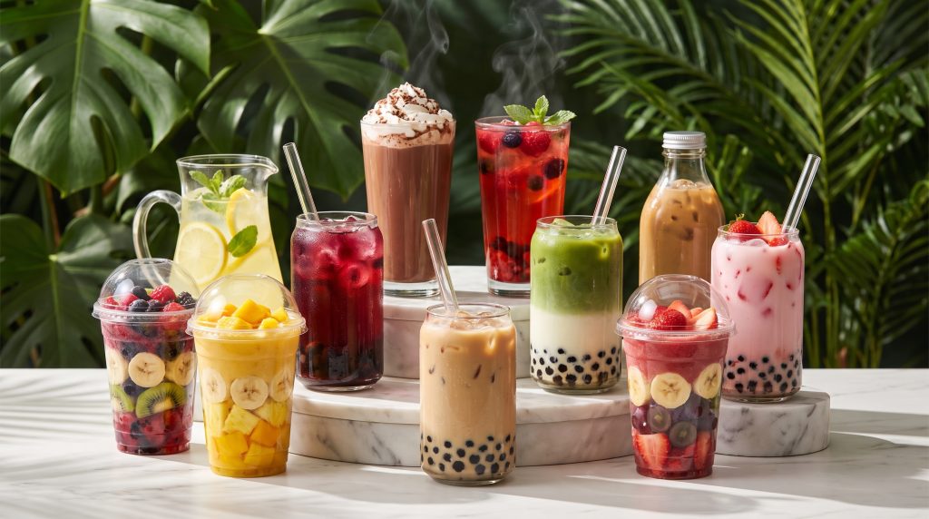Nine Framberry drinks arranged in tiers: smoothies, matcha, coffee and lemonades