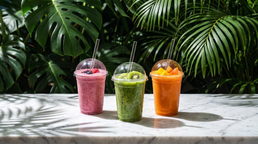 Three lidded takeaway smoothie cups in pink, green and orange