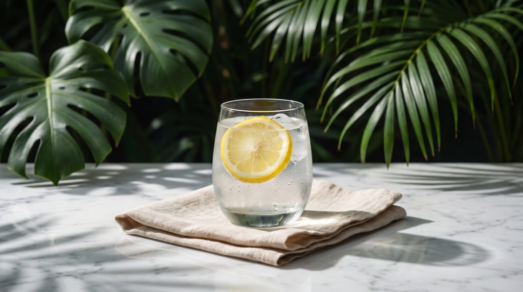 A glass of lemon water and a folded linen cloth on marble