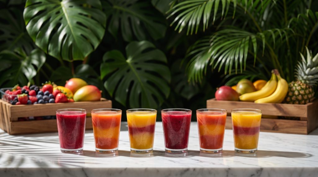 A neat row of six identical smoothie cups with fruit crates behind
