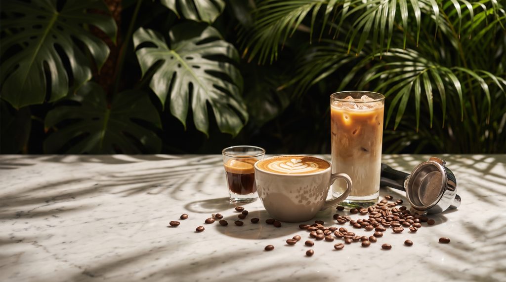 A flat white with latte art, an espresso and an iced latte with coffee beans