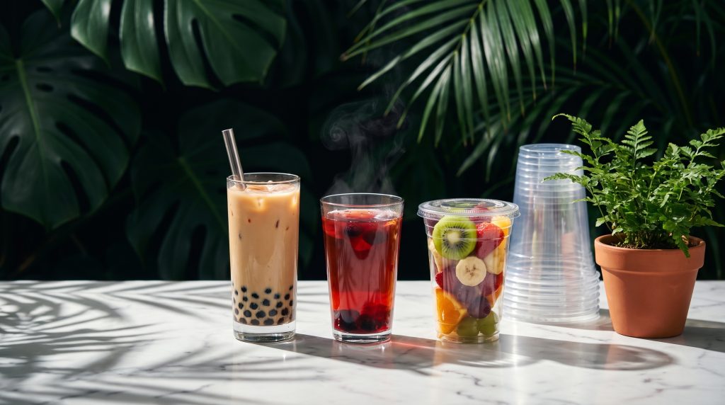 Three signature drinks beside stacked cups and a small plant