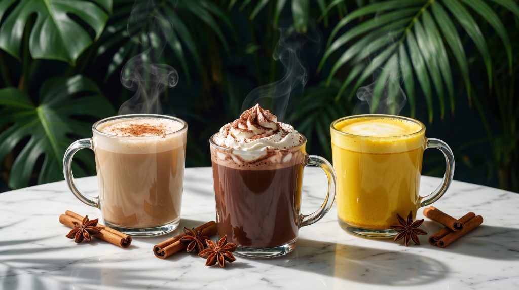 Chai latte, hot chocolate and turmeric latte with cinnamon and star anise