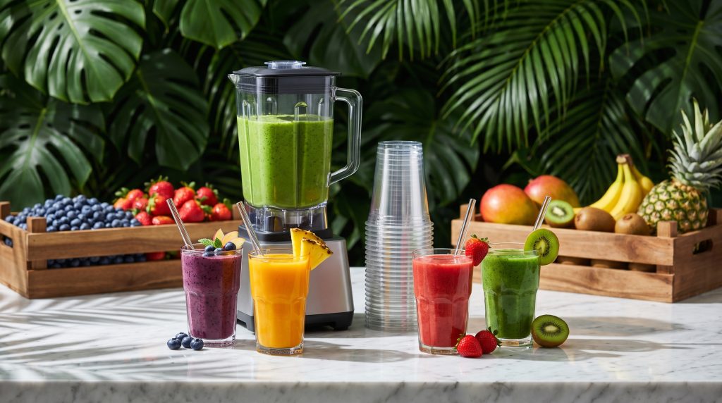 A blender jug, four smoothies and stacked cups with fruit crates behind