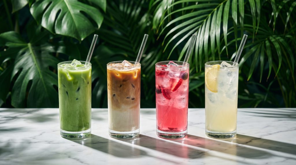 Four iced drinks over ice: matcha, latte, fruit tea and lemonade