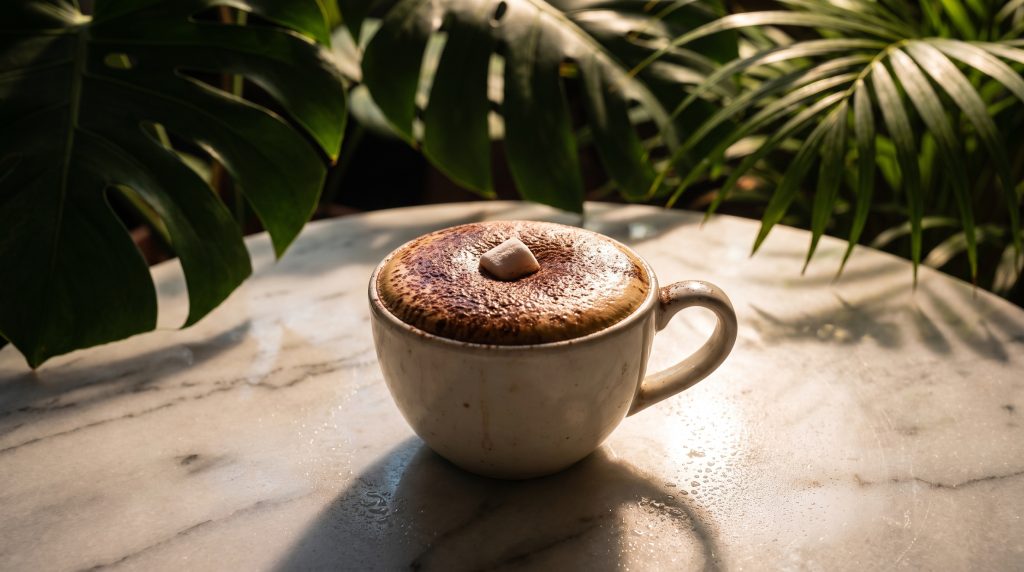 A small cup of babychino with foam, chocolate dust and a marshmallow