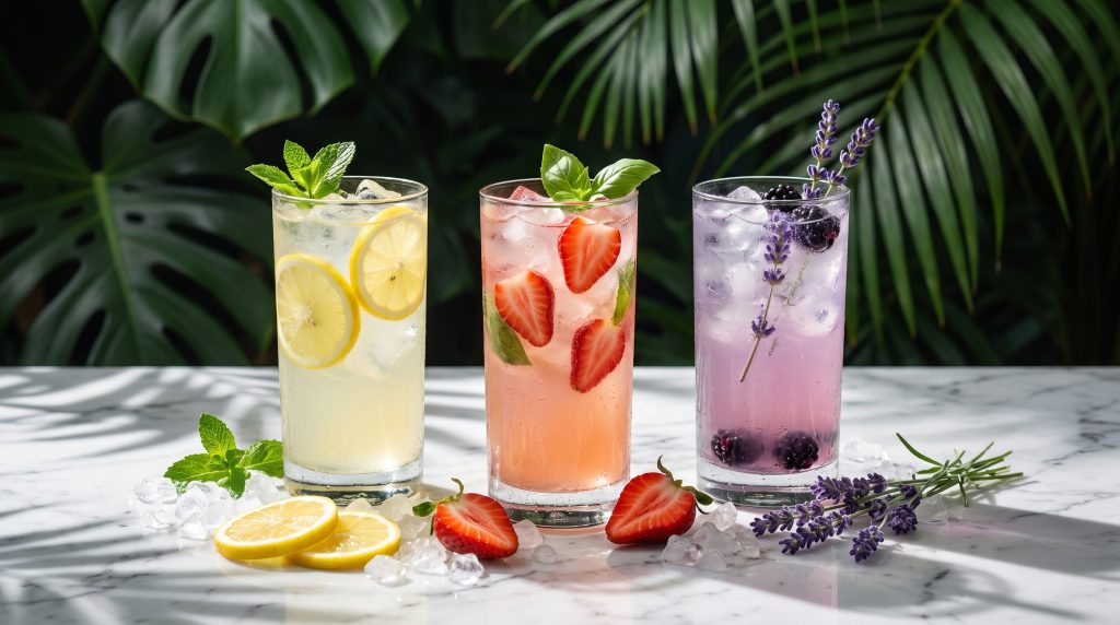 Three handmade lemonades in yellow, pink and lilac with lemons and lavender