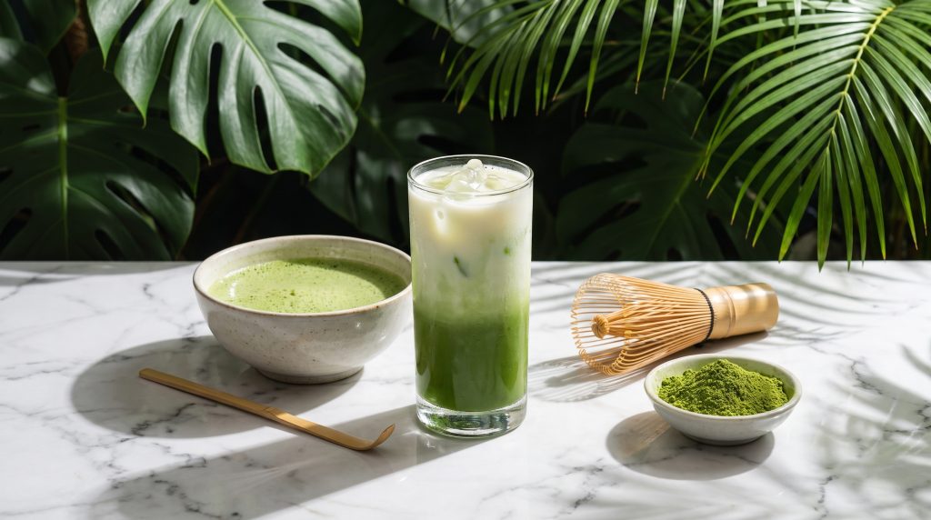 An iced matcha latte and whisked matcha with a bamboo whisk and powder