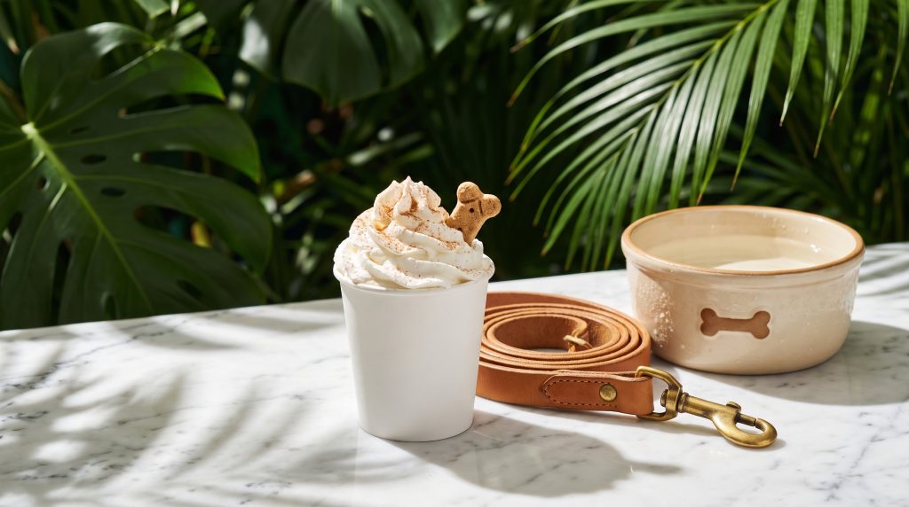 A paper cup of whipped cream puppychino beside a dog lead and bowl