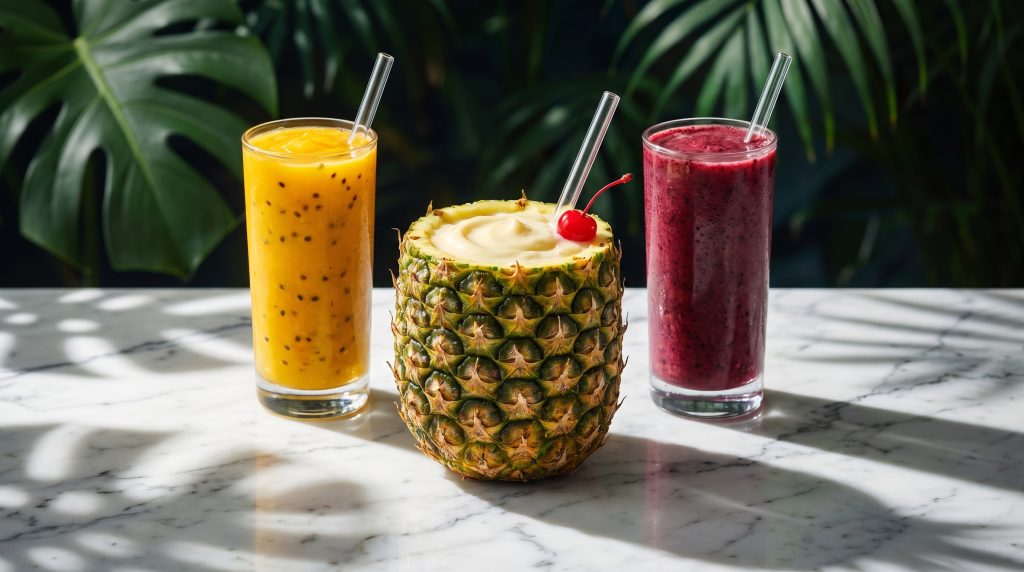 A piña colada served in a hollowed pineapple flanked by two signature smoothies