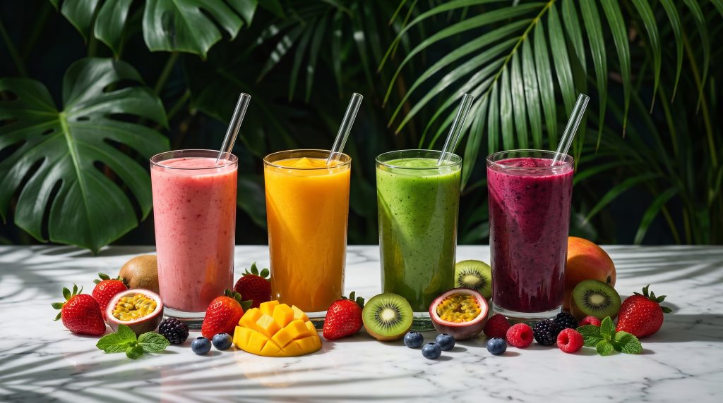 Four thick smoothies in pink, orange, green and purple with whole fruits