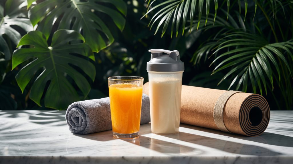 A recovery drink and protein shake beside a rolled towel and yoga mat