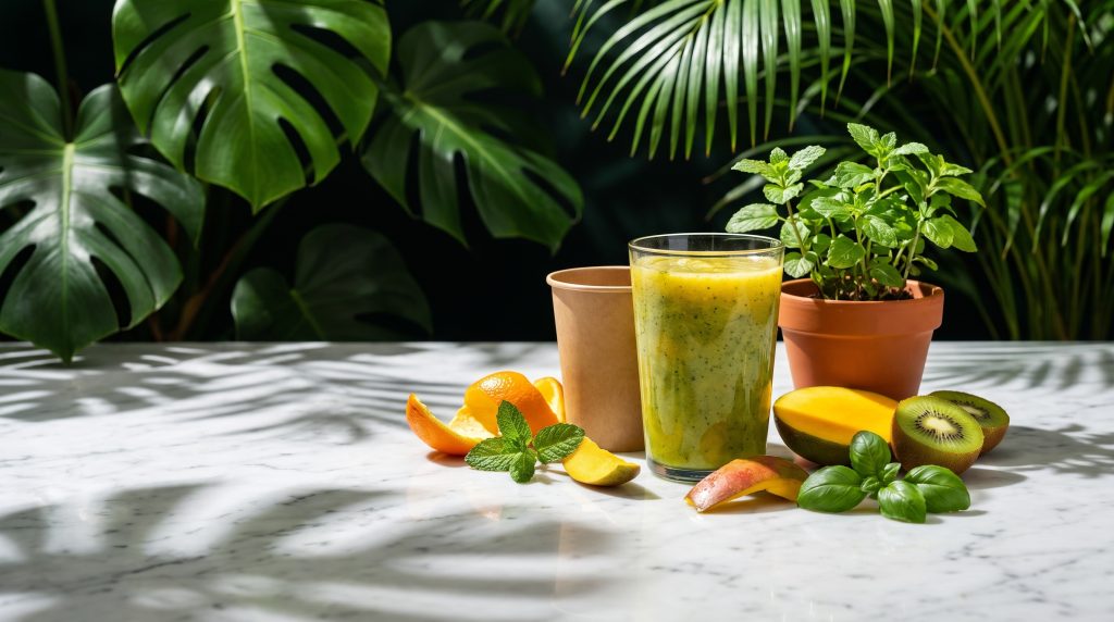 A smoothie in a reusable glass tumbler beside a paper cup and a plant